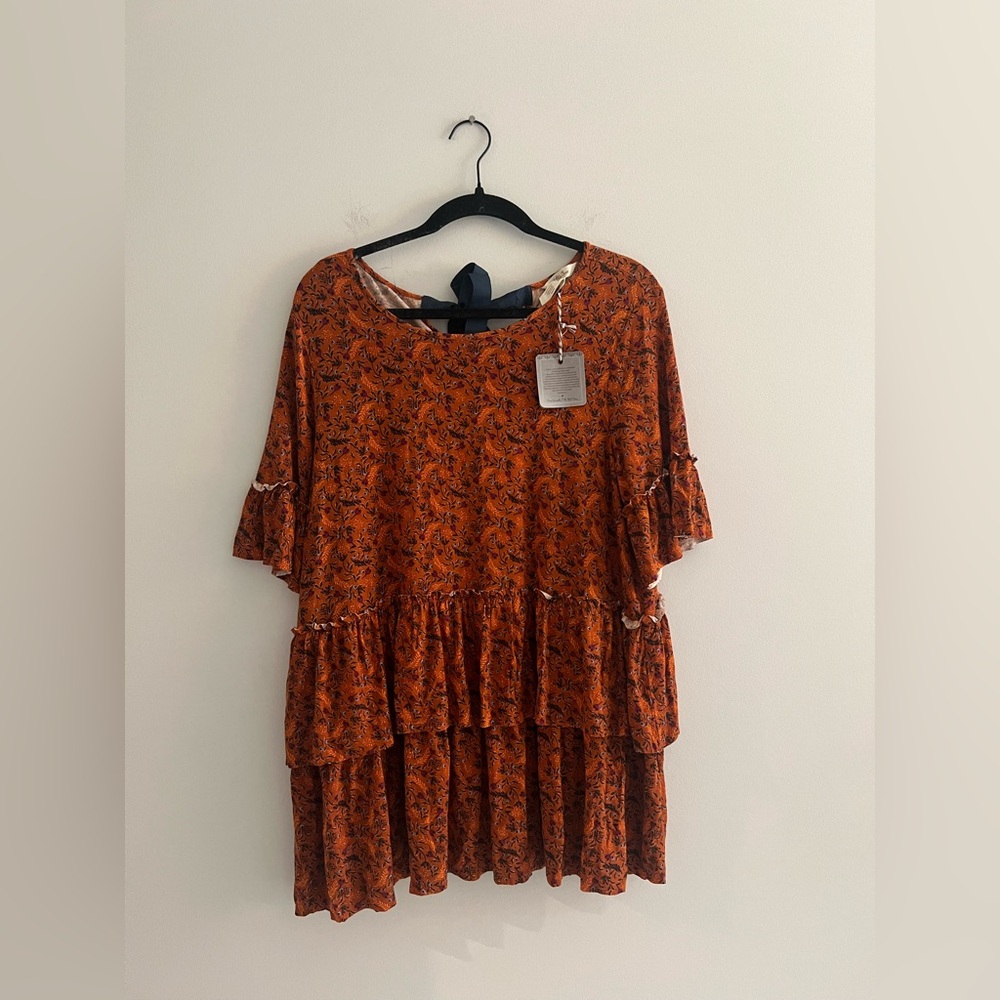 Matilda Jane Floral Tiered Babydoll Top Large Burnt Orange Tie Back